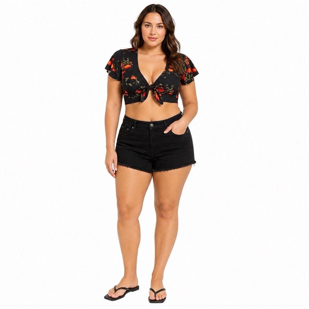 Cocoship Short Sleeve Bikini Top Size 14 Ruffle Retro Fruit Print Swim Tie Front